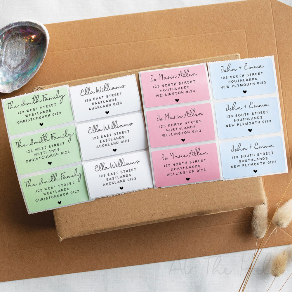 Return Address Labels - custom - White , green, pink, blue - At The Helm NZ