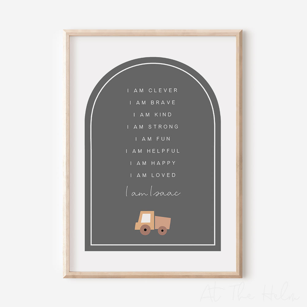 Children's Personalised Affirmation Plaque Print - Vehicles - Grey Truck - At The Helm NZ