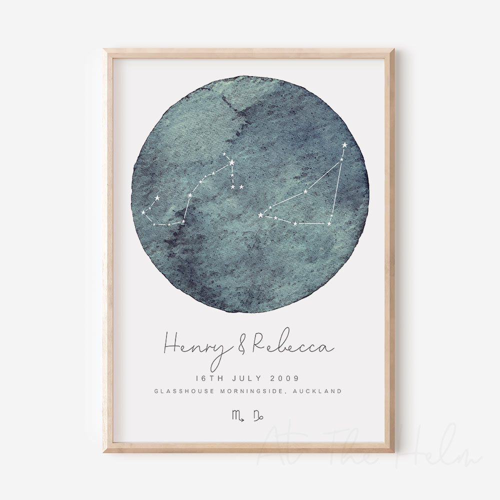 Watercolour Zodiac Couples Print - Stormy Indigo - At The Helm NZ
