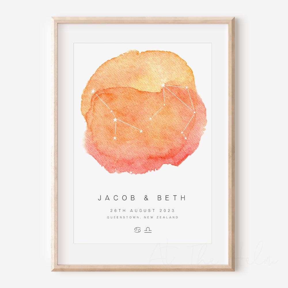 Watercolour Zodiac Couples Print - Tequila Sunrise - At The Helm NZ
