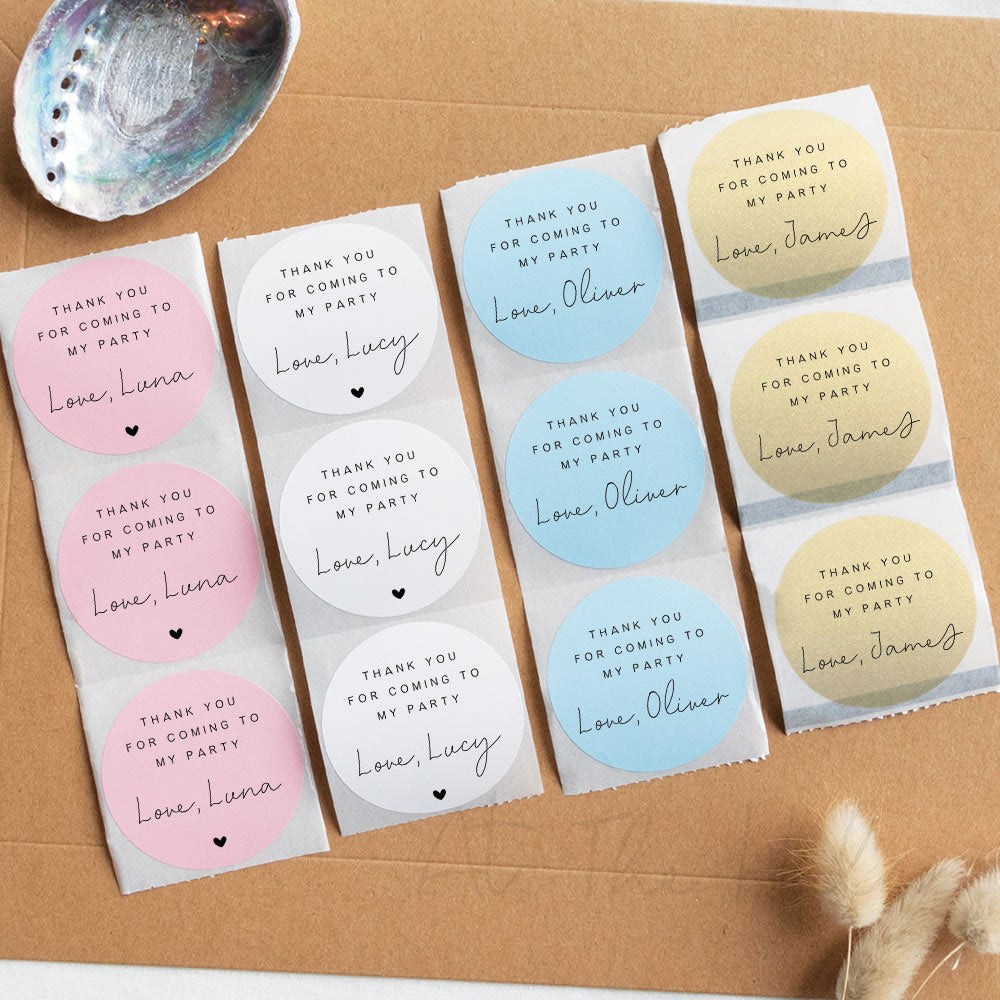 Thank you for coming to my birthday party - customised stickers white, pink, blue and gold - At The Helm NZ