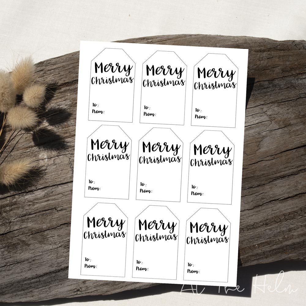 Printable White Christmas gift tags that read "Merry Christmas' "to" "from"
