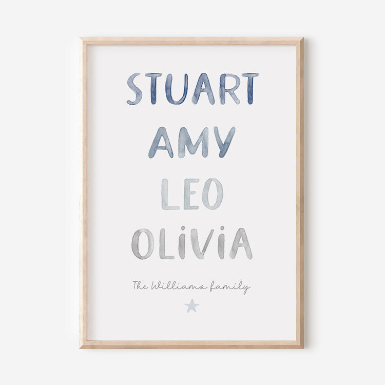 Watercolour Family Print with different shades of blue - Personalised and handmade in NZ - At The Helm