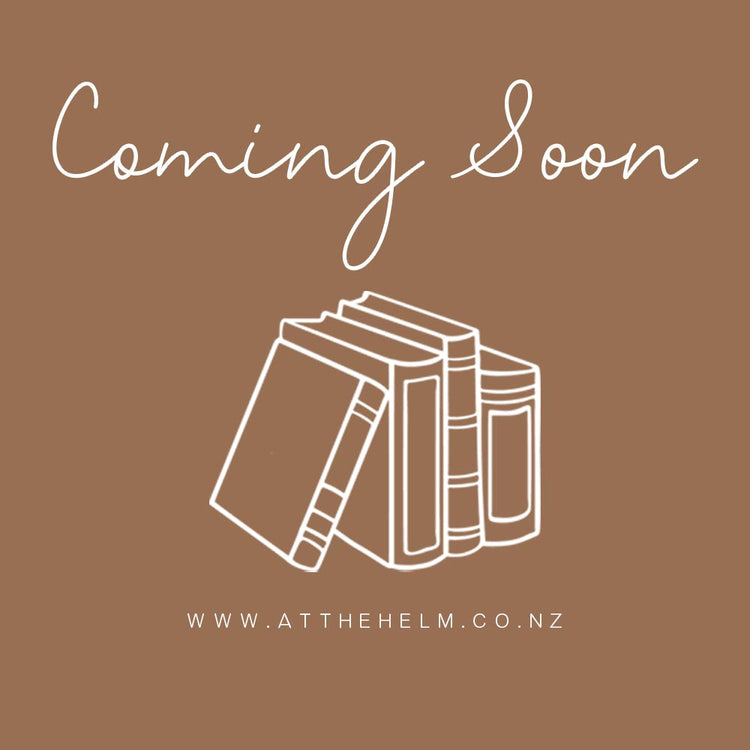 Image reads "Coming Soon" with a graphic of hand drawn second-hand books and the website address www.atthehelm.co.nz