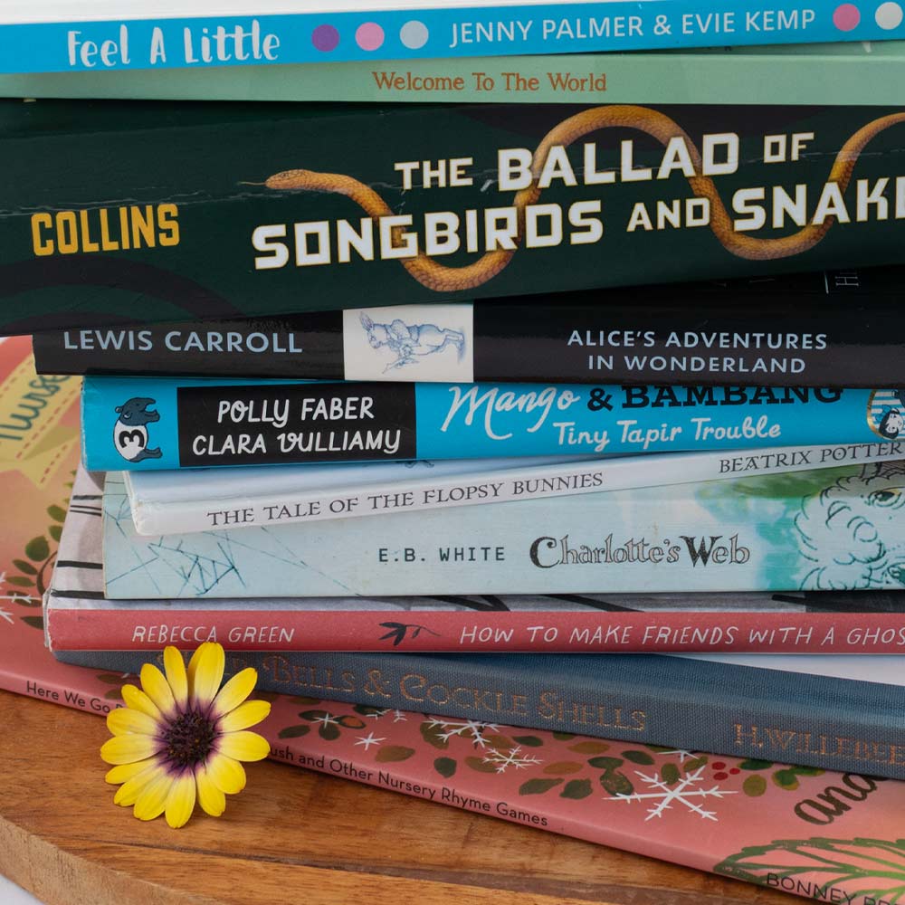 image shows a stack of second-hand pre-loved children's books sold on At The Helm NZ