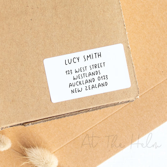 Return address labels - plain font - white - At The Helm NZ