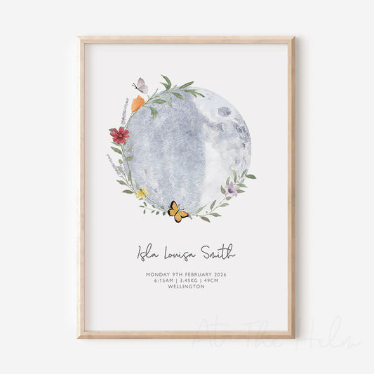 Example of artwork framed,  with a moon, floral wreath and butterfly design on a white background. Baby's birth detail information is displayed underneath.

At The Helm NZ