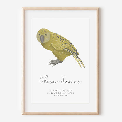 Framed artwork of a Kākāpō with personalized text on a white background
