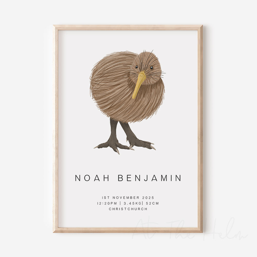 Framed artwork of a kiwi bird with personalized text on a white background