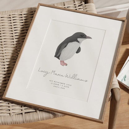 Framed print with a penguin illustration and text on a woven surface