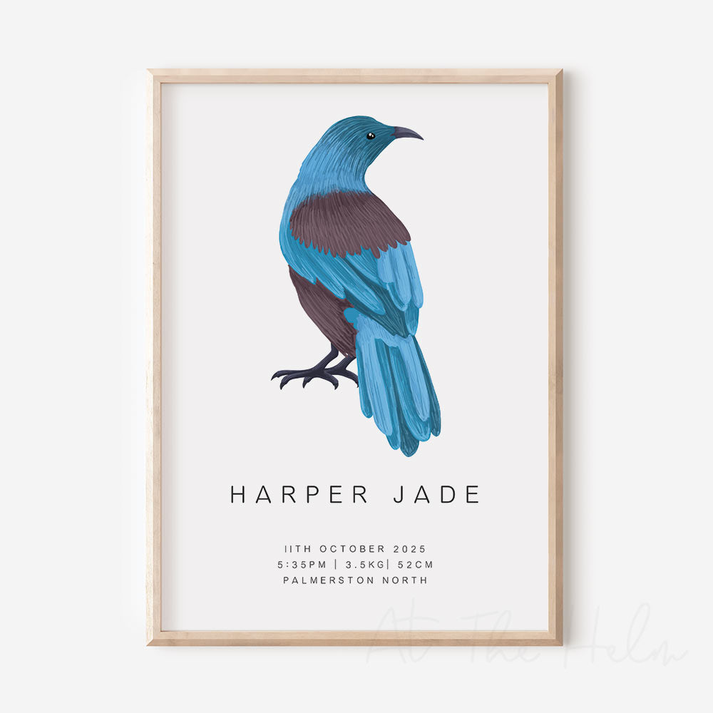Framed artwork of a Tūī bird with personalized text on a white background