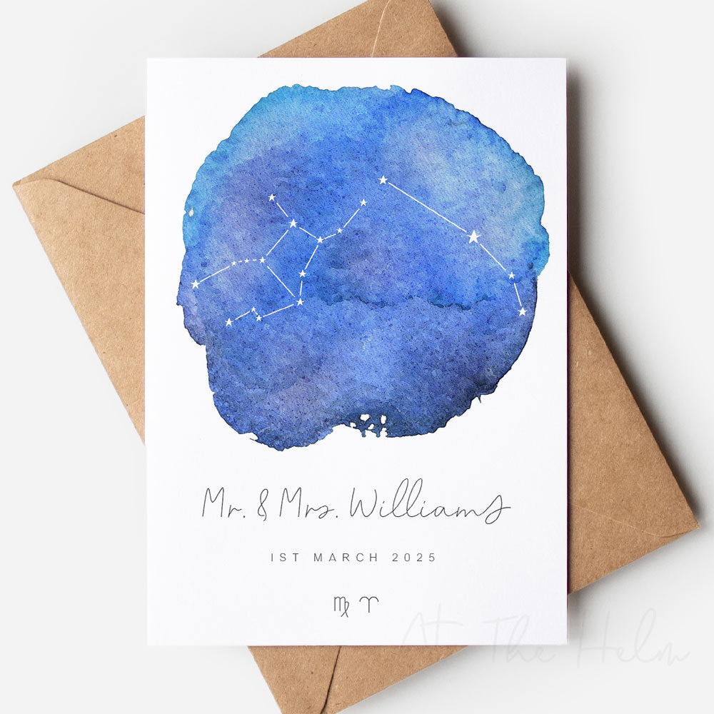 Watercolour Zodiac Couples Greeting Card - inky blue - At The Helm NZ