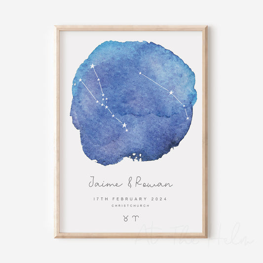 Watercolour Zodiac Couples Print - Inky Blue - At The Helm NZ