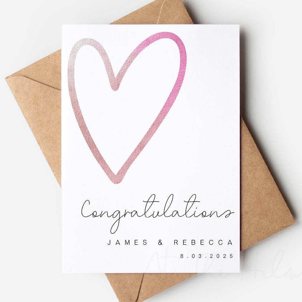 Congratulations wedding or engagement card - Pink Heart - At The Helm NZ