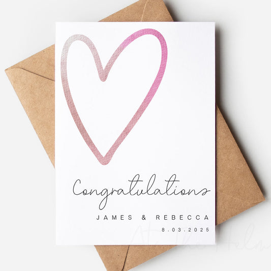 Congratulations wedding or engagement card - Pink Heart - At The Helm NZ