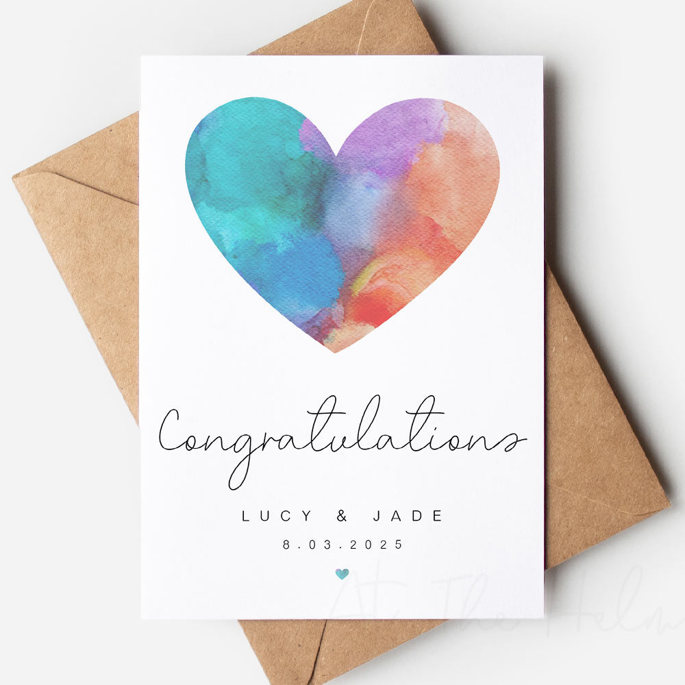 Watercolour Heart Wedding Or Engagement Greeting Card - At The Helm NZ - Rainbow - LGBTQI+