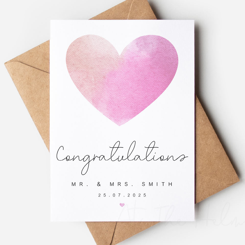 Watercolour Heart Wedding Or Engagement Greeting Card - At The Helm NZ