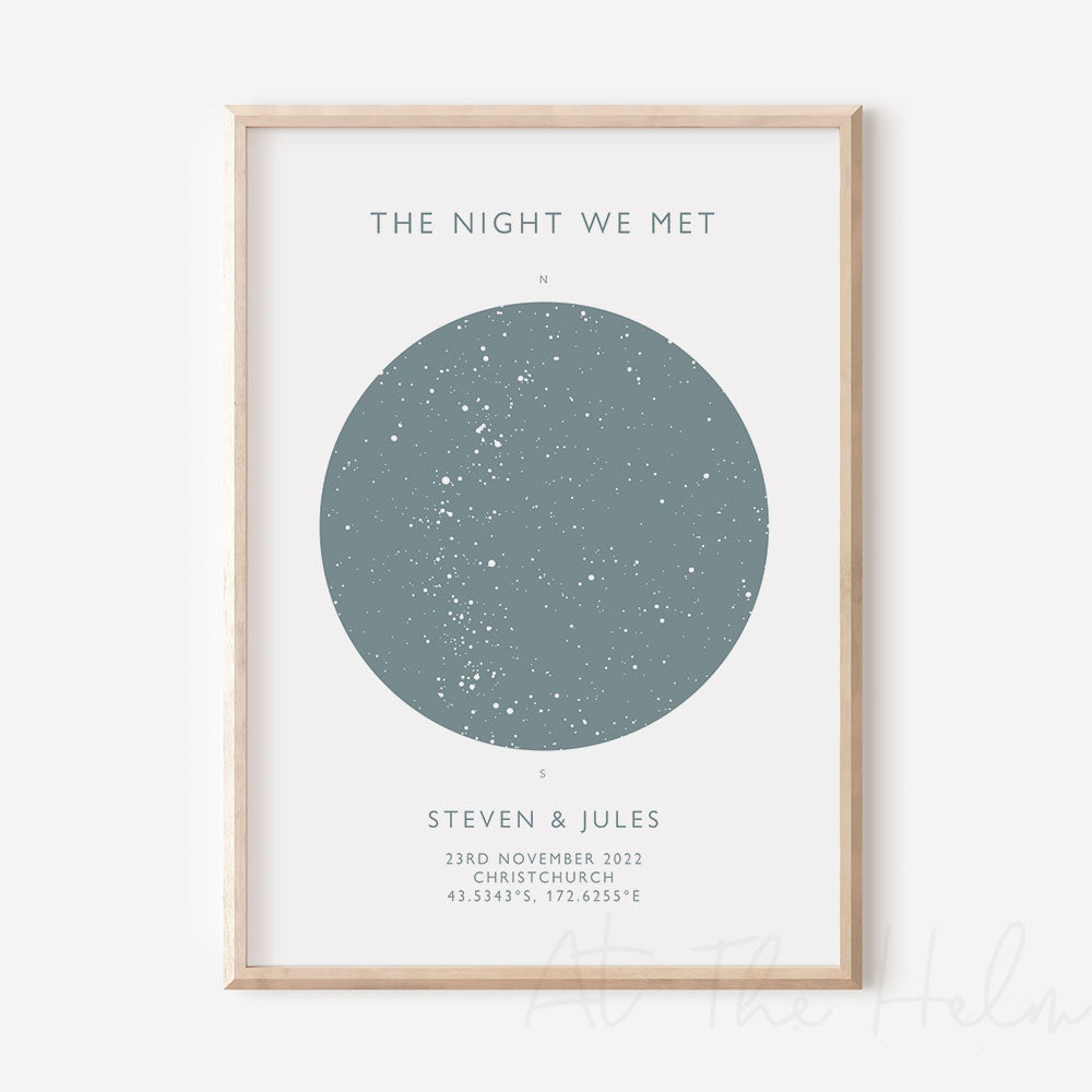 Map of the stars from a couples special day - Light Blue Star Map Print - At The Helm NZ