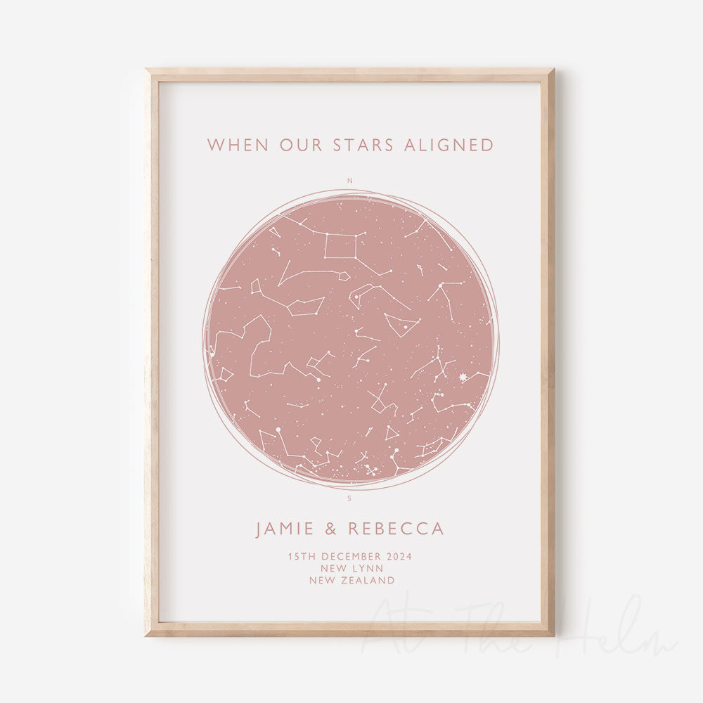 Map of the stars from a couples special day -Pink Star Map Print - At The Helm 