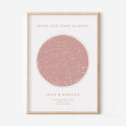 Map of the stars from a couples special day -Pink Star Map Print - At The Helm 