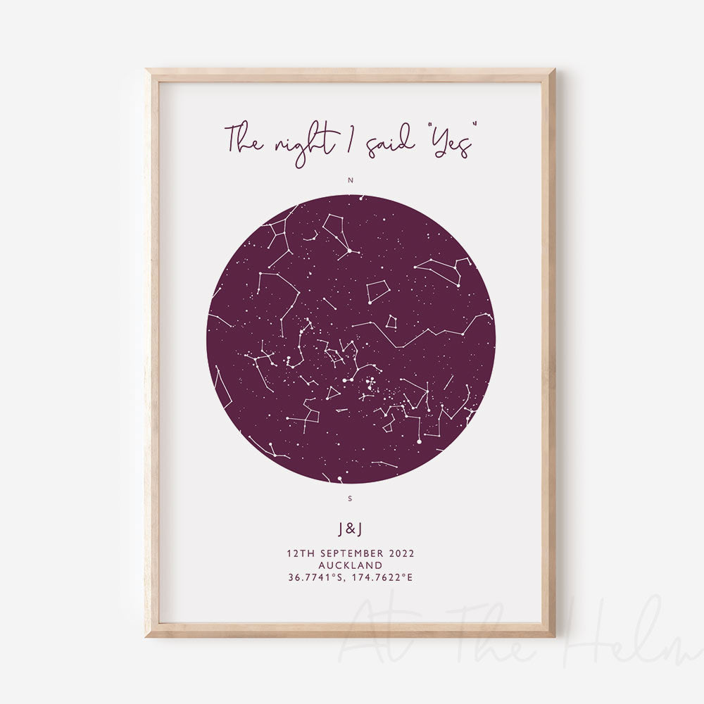 Map of the stars from a couples special day -Purple Star Map Print - At The Helm NZ