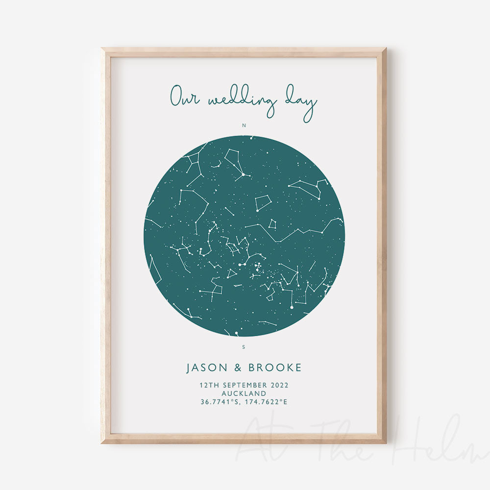 Map of the stars from a couples special day -Teal Star Map Print - At The Helm NZ