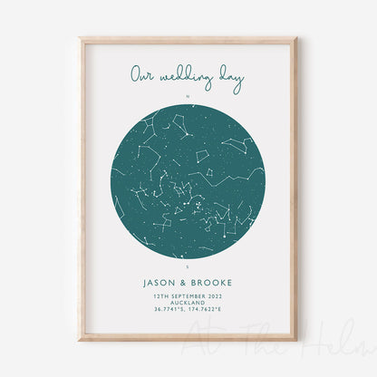Map of the stars from a couples special day -Teal Star Map Print - At The Helm NZ