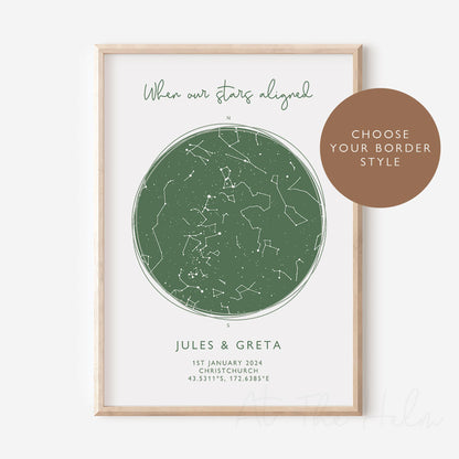 Map of the stars from a couples wedding day - Green Star Map Print - At The Helm NZ