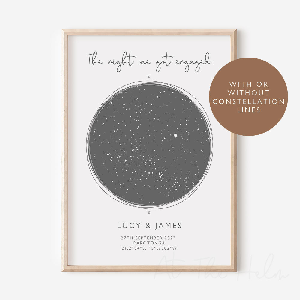 Map of the stars from a couples meeting date - Grey Star Map Print - At The Helm NZ