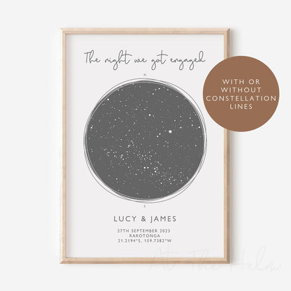 Map of the stars from a couples meeting date - Grey Star Map Print - At The Helm NZ