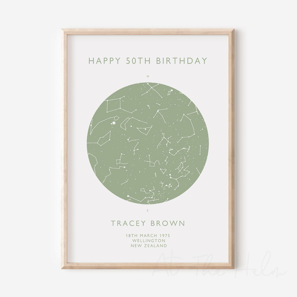 Map of the stars from a couples special day -Light Green Star Map Print - At The Helm NZ