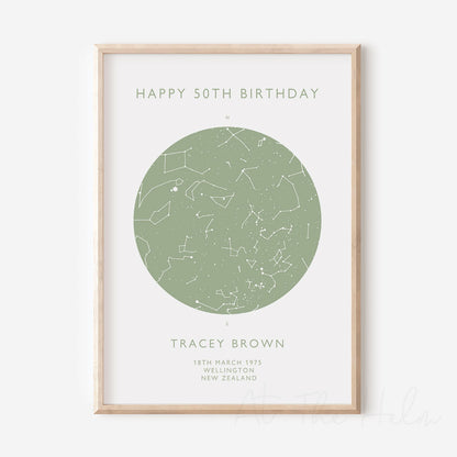 Map of the stars from a couples special day -Light Green Star Map Print - At The Helm NZ