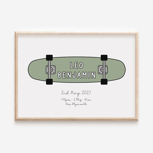 Skateboard Name Print or birth details print in sage green - At The Helm NZ