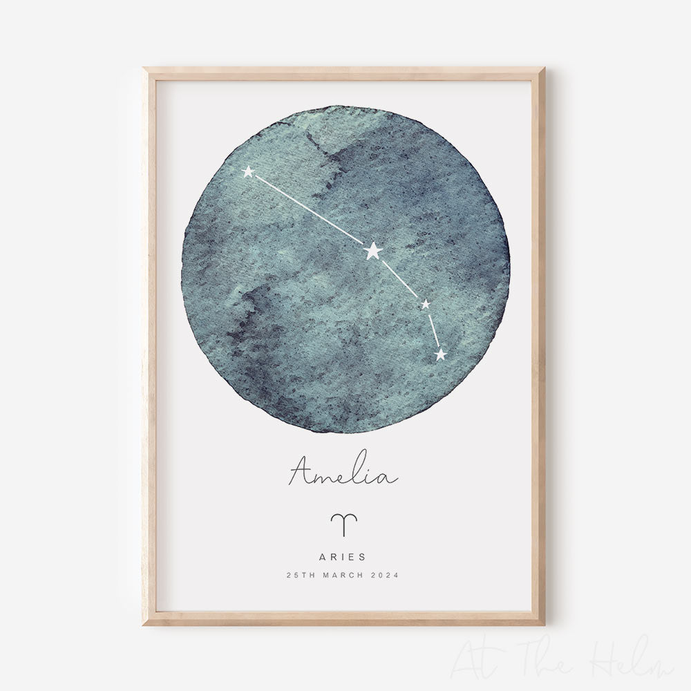 Watercolour Zodiac Birth Date Print - Stormy Indigo - At The Helm NZ