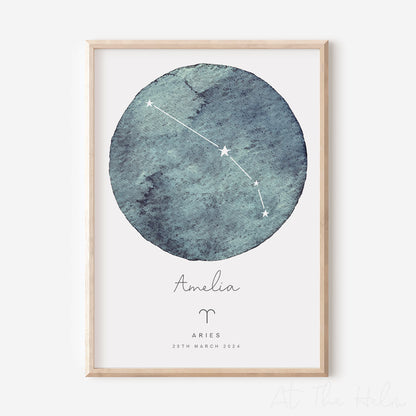 Watercolour Zodiac Birth Date Print - Stormy Indigo - At The Helm NZ