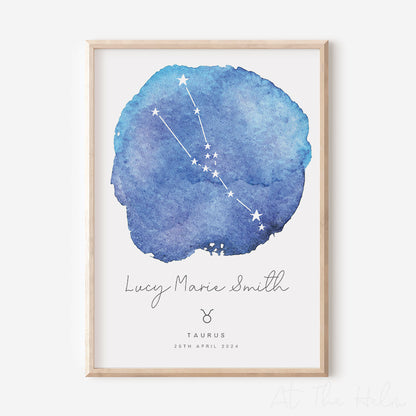 Watercolour Zodiac Birth Date Print - Inky Blue - At The Helm NZ
