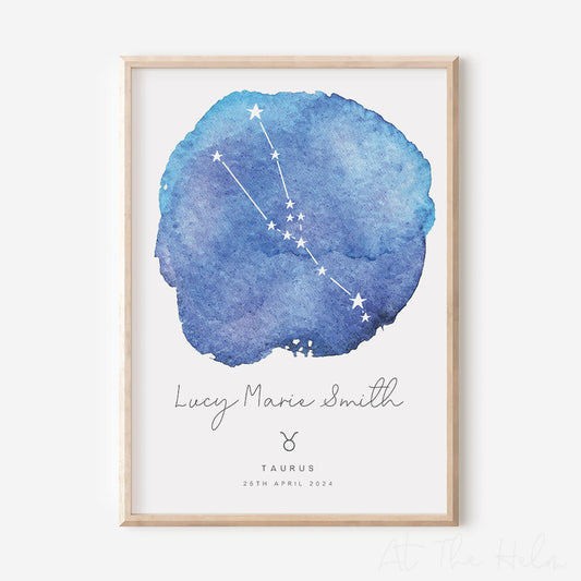 Watercolour Zodiac Birth Date Print - Inky Blue - At The Helm NZ
